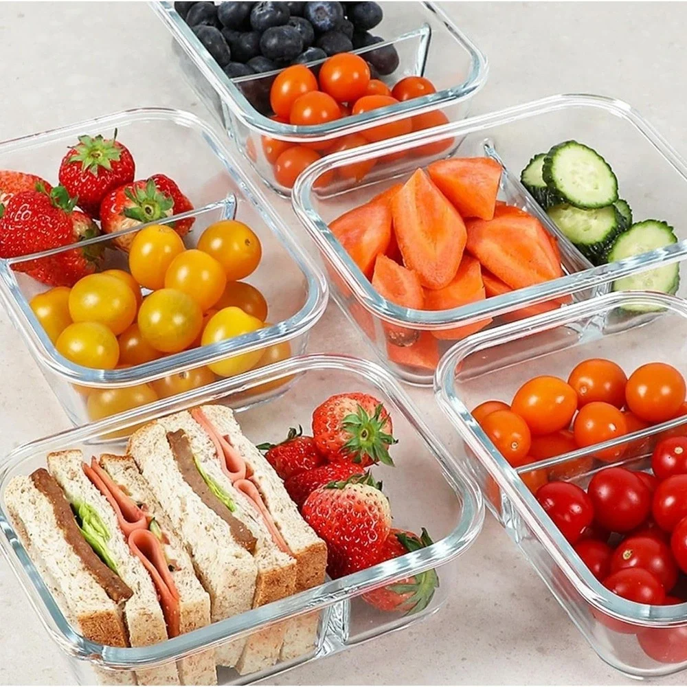 30‎ oz 5 Pack Glass Meal Prep Containers 2 Compartments, Glass Food Storage New